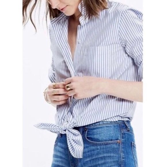 EUC Madewell Tie Front Striped Button Down Shirt Cropped Lightweight S - Picture 1 of 13